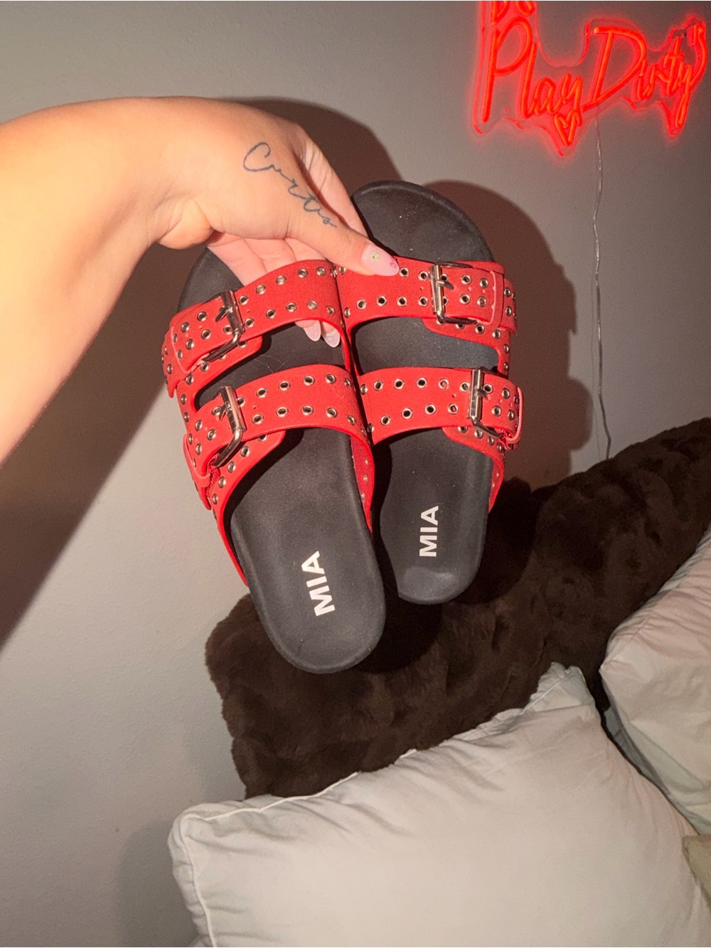 MIA Red Double-Buckle Stud Slide Sandals